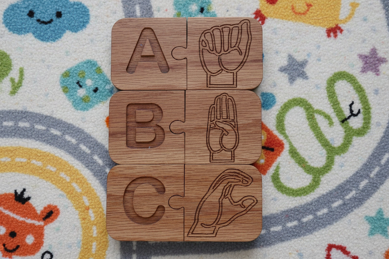 ASL Alphabet Puzzle: Montessori Wooden Matching Tiles