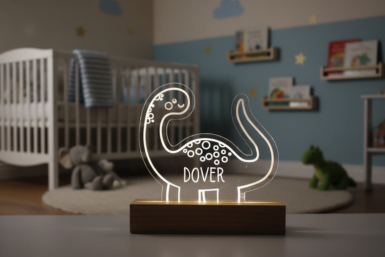 Personalized Dinosaur Baby Night Light | Custom Nursery Lamp for New & Expecting Moms, Engraved Acrylic Dino Nightlight