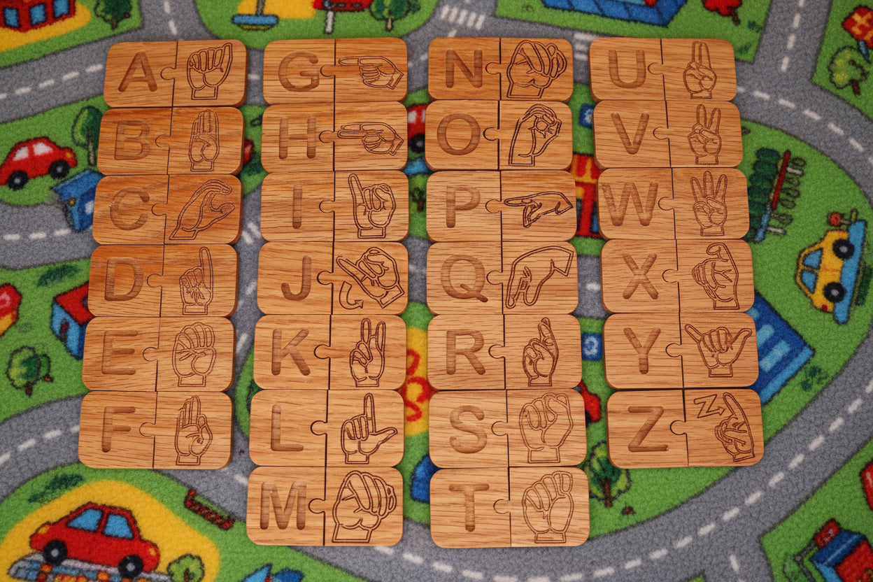 ASL Alphabet Puzzle: Montessori Wooden Matching Tiles