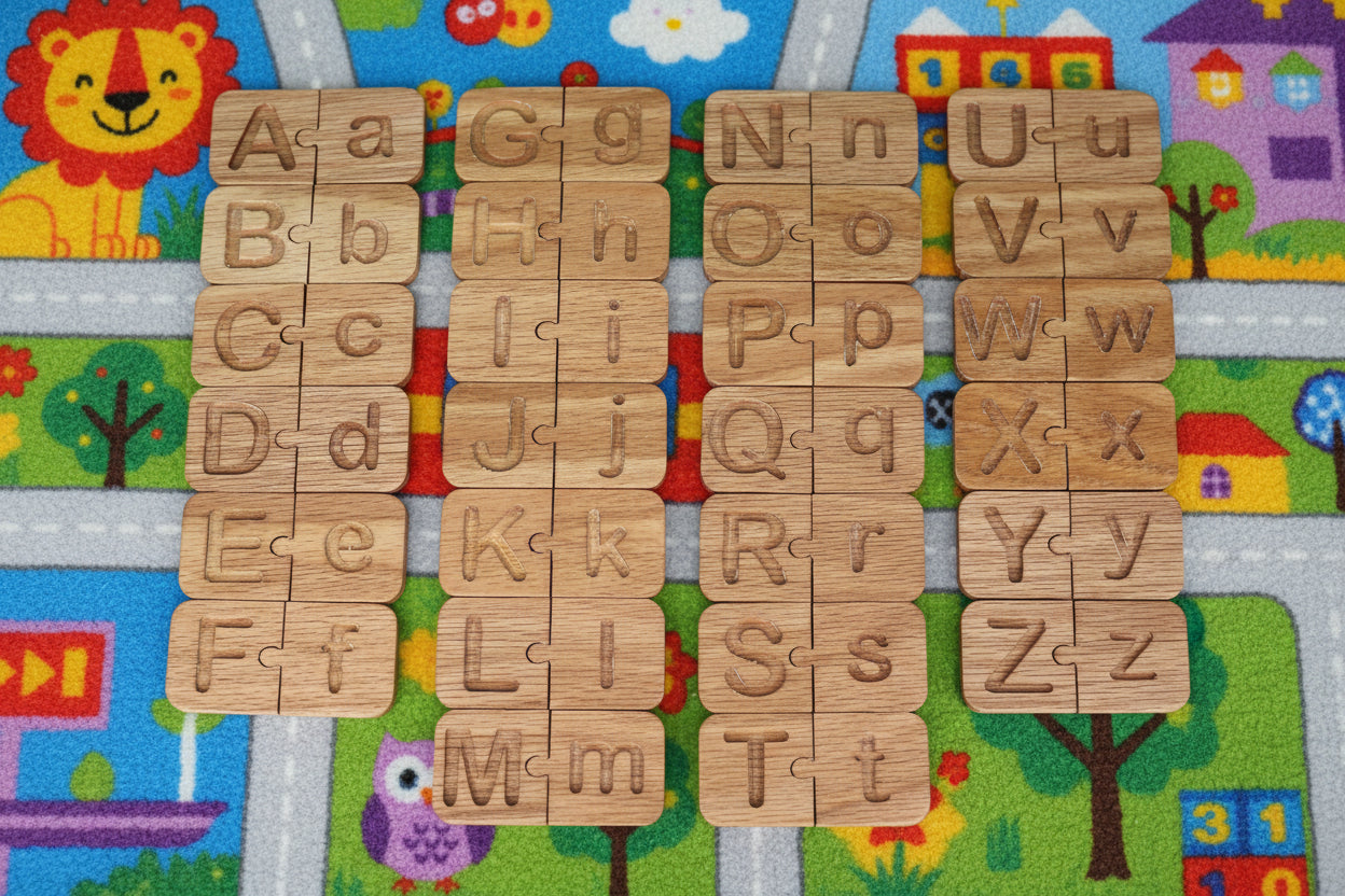 wooden lettes on kids play rug
