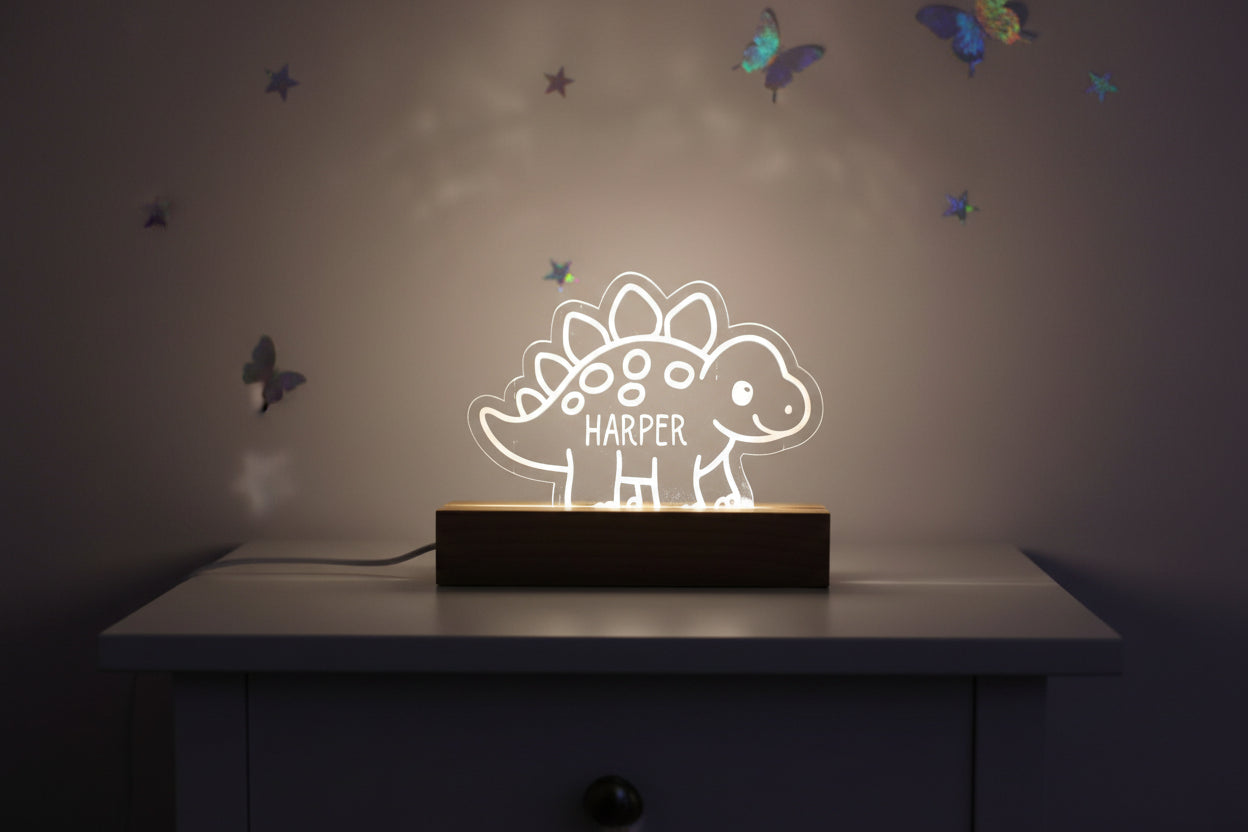 Personalized Dinosaur Baby Night Light | Custom Nursery Lamp for New & Expecting Moms, Engraved Acrylic Dino Nightlight