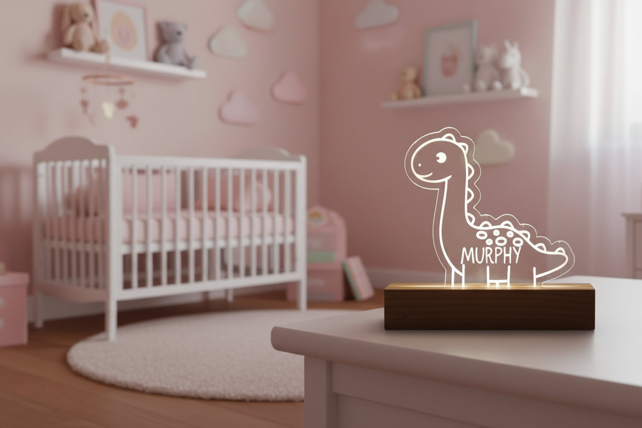 Personalized Dinosaur Baby Night Light | Custom Nursery Lamp for New & Expecting Moms, Engraved Acrylic Dino Nightlight