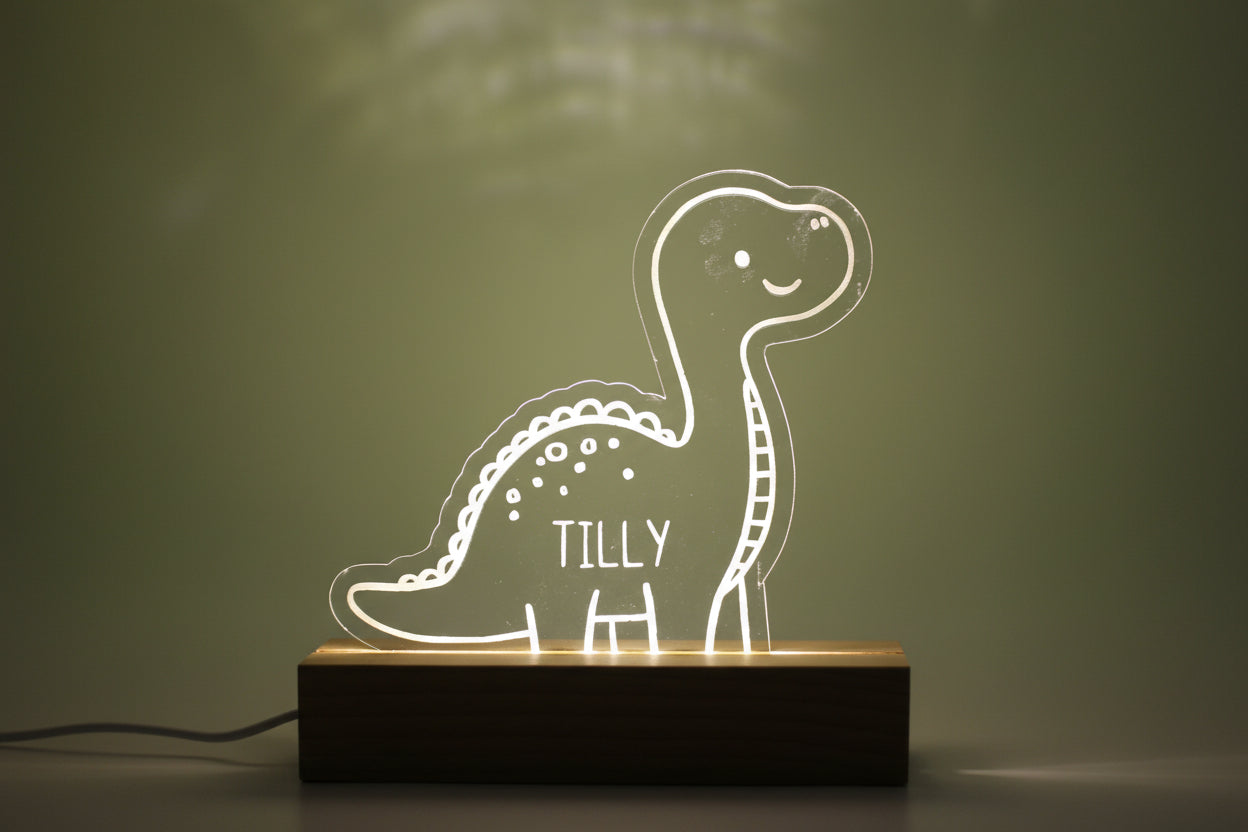 Personalized Dinosaur Baby Night Light | Custom Nursery Lamp for New & Expecting Moms, Engraved Acrylic Dino Nightlight