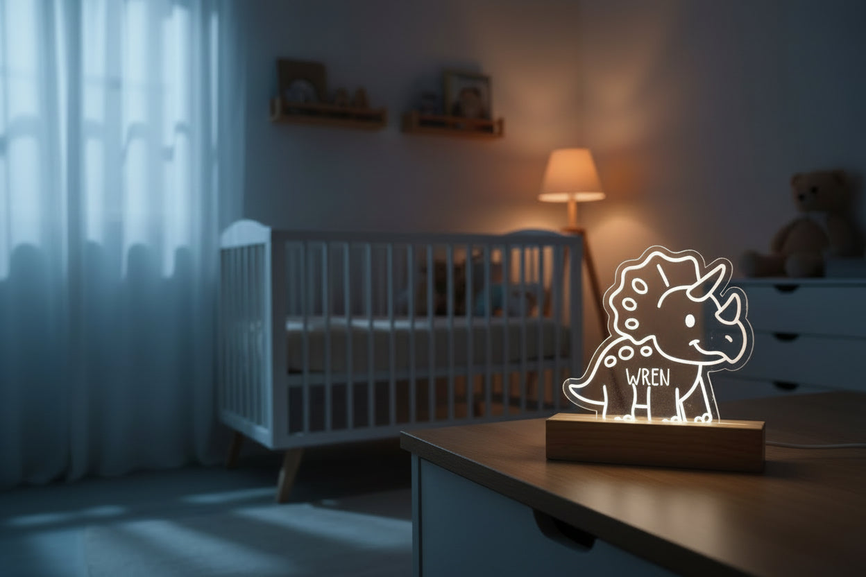 Personalized Dinosaur Baby Night Light | Custom Nursery Lamp for New & Expecting Moms, Engraved Acrylic Dino Nightlight