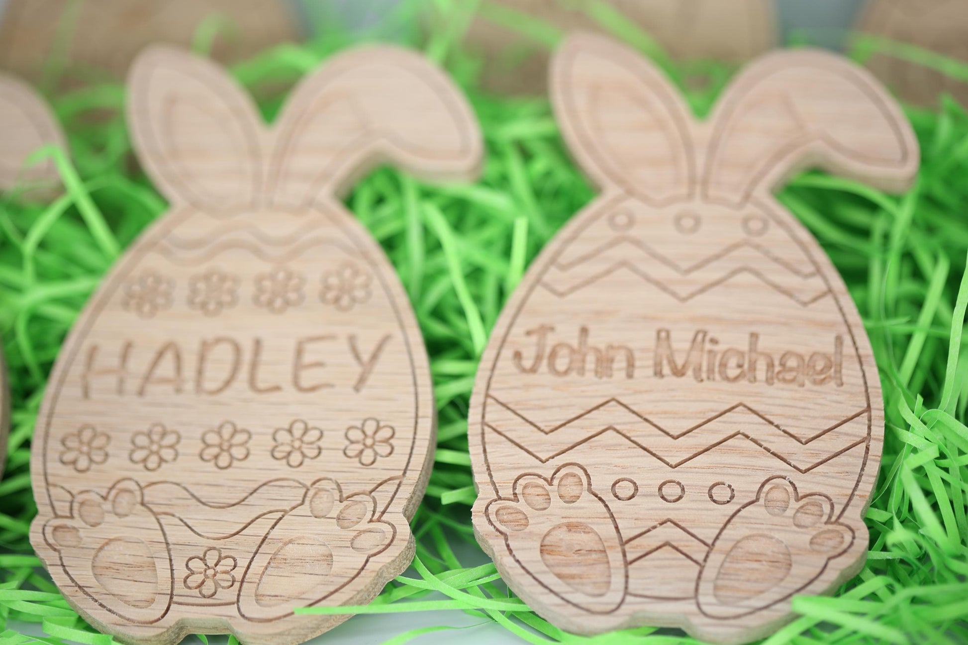 Personalized Easter eggs shown in multiple styles with bunny ears and bunny feet.