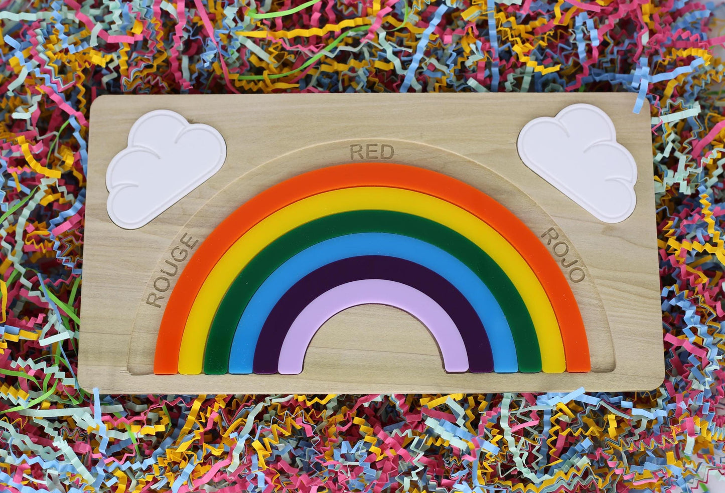 Rainbow Puzzle: Montessori Acrylic Wood Learning Toy - French, English, and Spanish