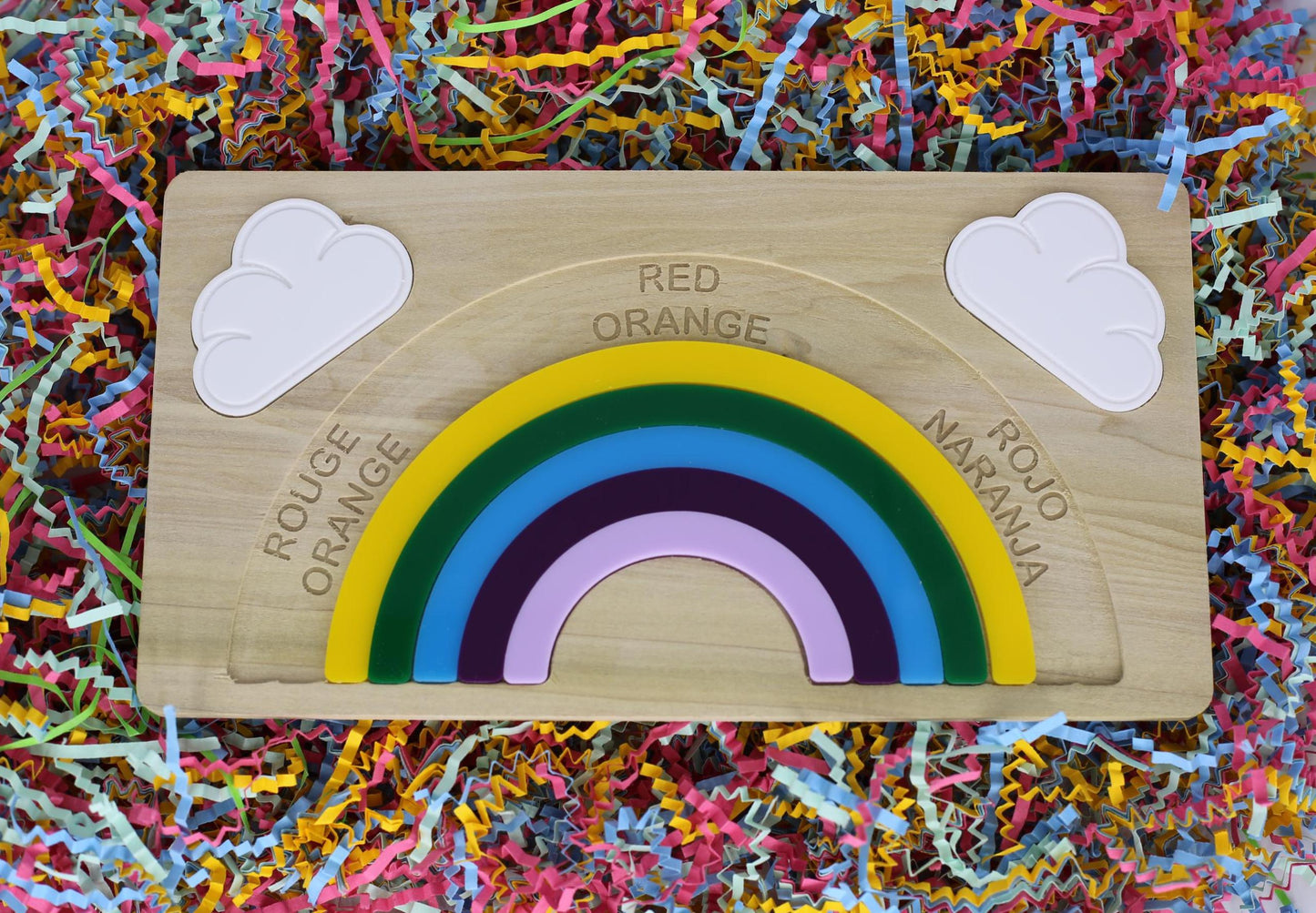 Rainbow Puzzle: Montessori Acrylic Wood Learning Toy - French, English, and Spanish